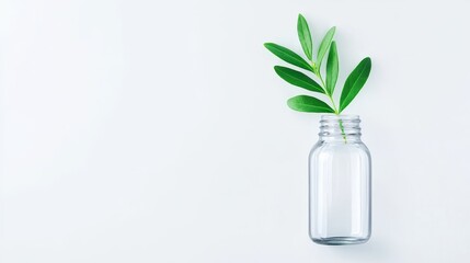 Glass Jar with Green Leaves on White Background - A clear glass jar filled with fresh green leaves set against a white background, emphasizing nature and simplicity.