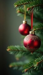 Obraz premium Vintage ornaments hang from fir branches with ribbons, ornaments, festive, elegance