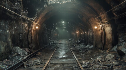 Naklejka premium A narrow tunnel of a coal mine illuminated only by_004