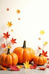 warm autumn landscape with pumpkin and colorful flowers against a white background, fall, nature