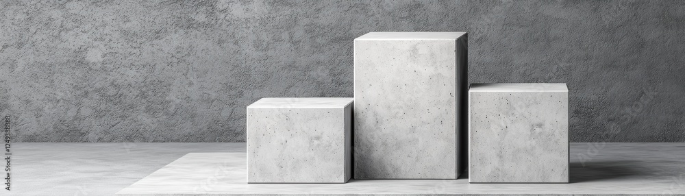 Poster a minimalist arrangement of three concrete blocks on a smooth surface, showcasing modern design elem