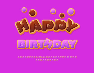 Vector Tasty Card Happy Birthday. Sweet Glazed Font. Delicious Donut style Alphabet Letters and Numbers set.