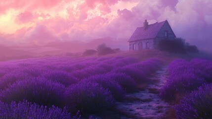 House surrounded by a field of lavender flowers under a clear blue sky