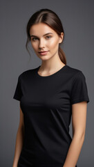 Obraz premium black tshirt mock up vertical view woman simple background