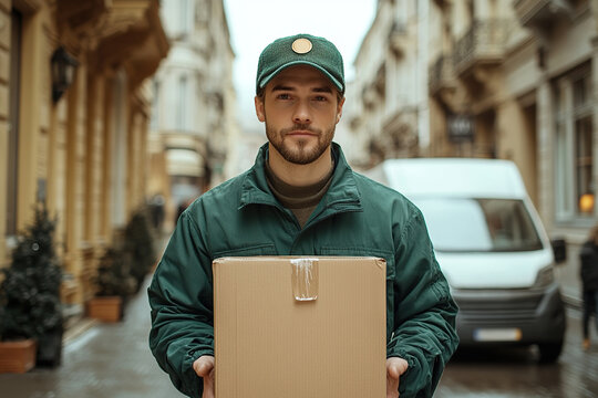 Fast delivery man in green uniform holding cardboard box