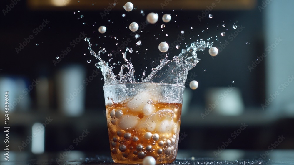 Poster refreshing beverage with splash effect and colorful balls