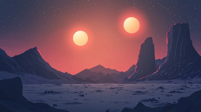 Cartoon depiction of a planet featuring mountains against a vibrant red sky with whimsical elements and imaginative scenery