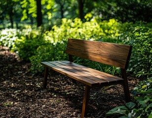 Fototapeta premium A wooden bench sits amidst lush greenery, illuminated by sunlight, creating a peaceful spot for relaxation in nature.