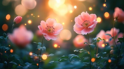 Pink flowers sunset garden bokeh magical