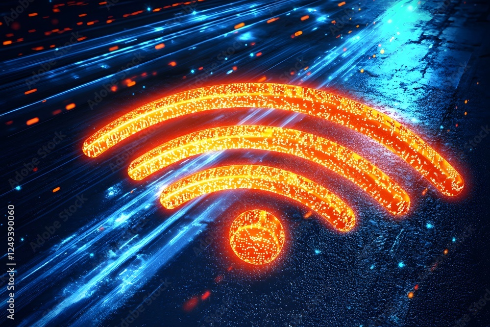 Poster fiery wifi signal: an abstract representation of a wifi signal rendered in fiery orange and blue hue
