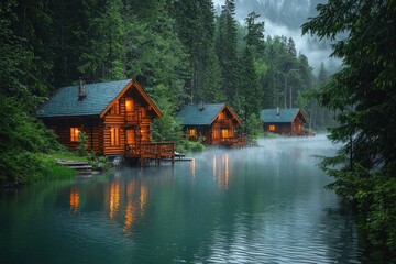 Obraz premium Serene lakeside cabins surrounded by misty forests at dawn, reflecting tranquility