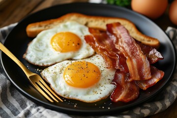 This savory breakfast features perfectly cooked eggs alongside crispy bacon. Try it with a salad with poached egg and avocado on toast for a delicious start to your day!