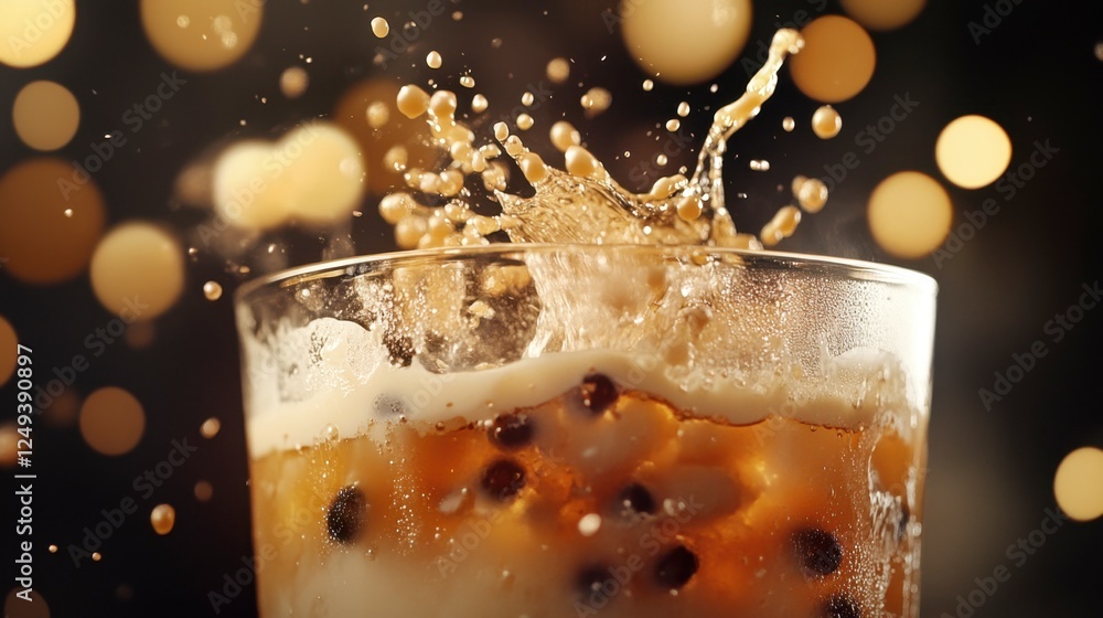 Poster Refreshing Beverage with Ice Splash and Bokeh Background Effects