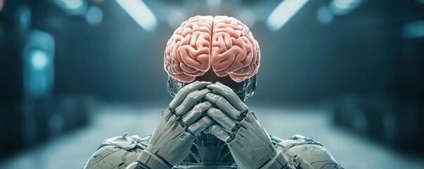 A futuristic humanoid figure with a brain exposed, holding its head in a dark, sci-fi environment, symbolizing the intersection of technology and consciousness.