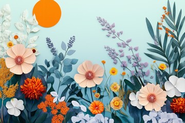 Vibrant tropical flowers and lush green leaves against a pastel blue background. Perfect for themes of nature, beauty, freshness, and botanical design