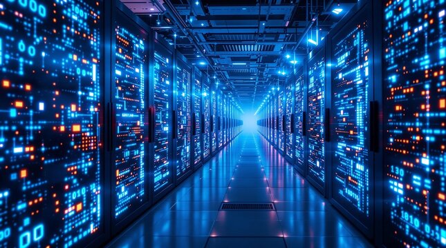 Futuristic Data Center with High-Tech Supercomputers & AI Processing
