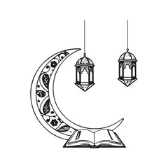 Silhouette sketch of Mosque with Domes, Minarets, Archways, and 'Happy Eid' Calligraphy Design