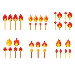Set, collection of vector igniting matches isolated on white background