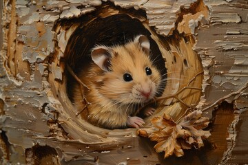 A cute hamster peeking out from a cozy wooden hole in the tree.