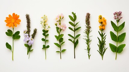 Flat lay of wildflowers and grass in a row on a white background. Botany, Spring concept.