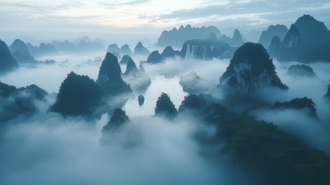 Misty morning landscape in lihung mountains guizhou province china