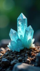 Obraz premium Aquamarine crystal clusters growing from earthy ground, crystals, geology, rocks
