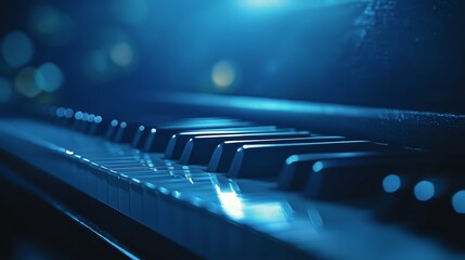 Soft blue light illuminates piano keys during evening performance in a cozy venue