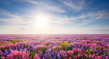 Fototapeta premium Colorful Wildflowers Covering a Vast Open Field Under a Bright Sunny Sky
