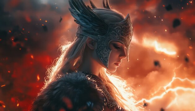 Beautiful blonde valkyrie in ornate winged helmet looks downward