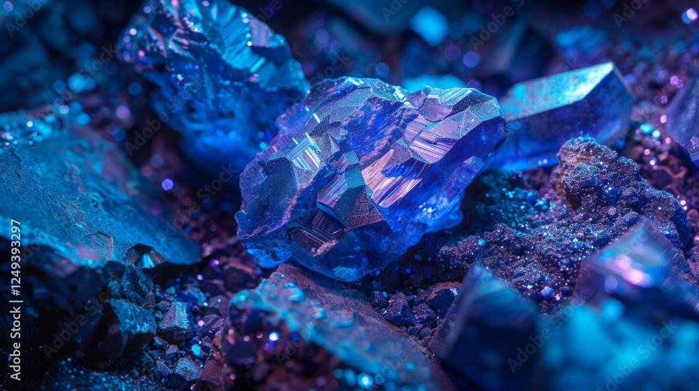 Poster glimmering blue crystals cluster together, their sharp edges capturing light and creating a striking