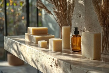 A serene display of natural soaps and a bottle on a textured surface.