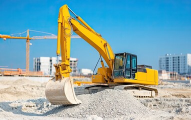 A yellow excavator digs into a gravel site, surrounded by construction cranes and buildings under a clear blue sky.