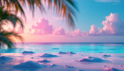 Serene Pink Sunset Beach Scene with Palm Trees and Ocean