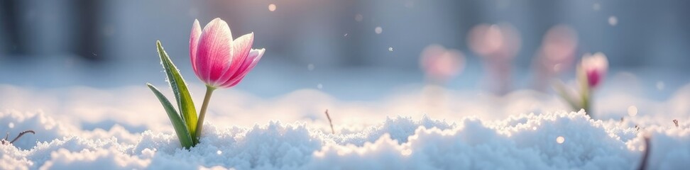 Obraz premium Delicate petals unfolding from a stem of frosty white snow, snowy fields, spring flowers, winter blooms