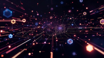 Futuristic Abstract Tech Background with Glowing Geometric Shapes & Data Points