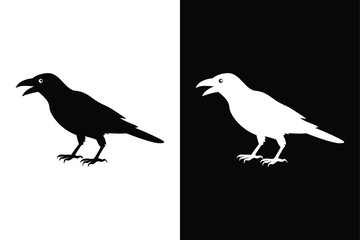 Crow Bird Silhouette Vector Icon Black and White Background.