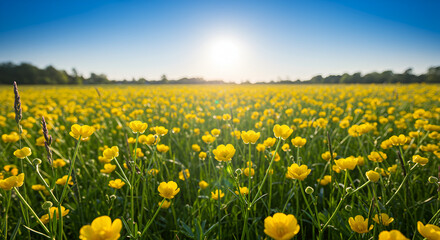Fototapeta premium Springtime Meadow Filled with Golden Buttercups and Vibrant Greenery Under Blue Skies