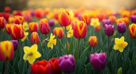 Vibrant Colors of Tulips and Daffodils Blooming Under Soft, Golden Light in Early Spring