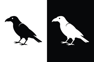 Crow Bird Silhouette Vector Icon Black and White Background.