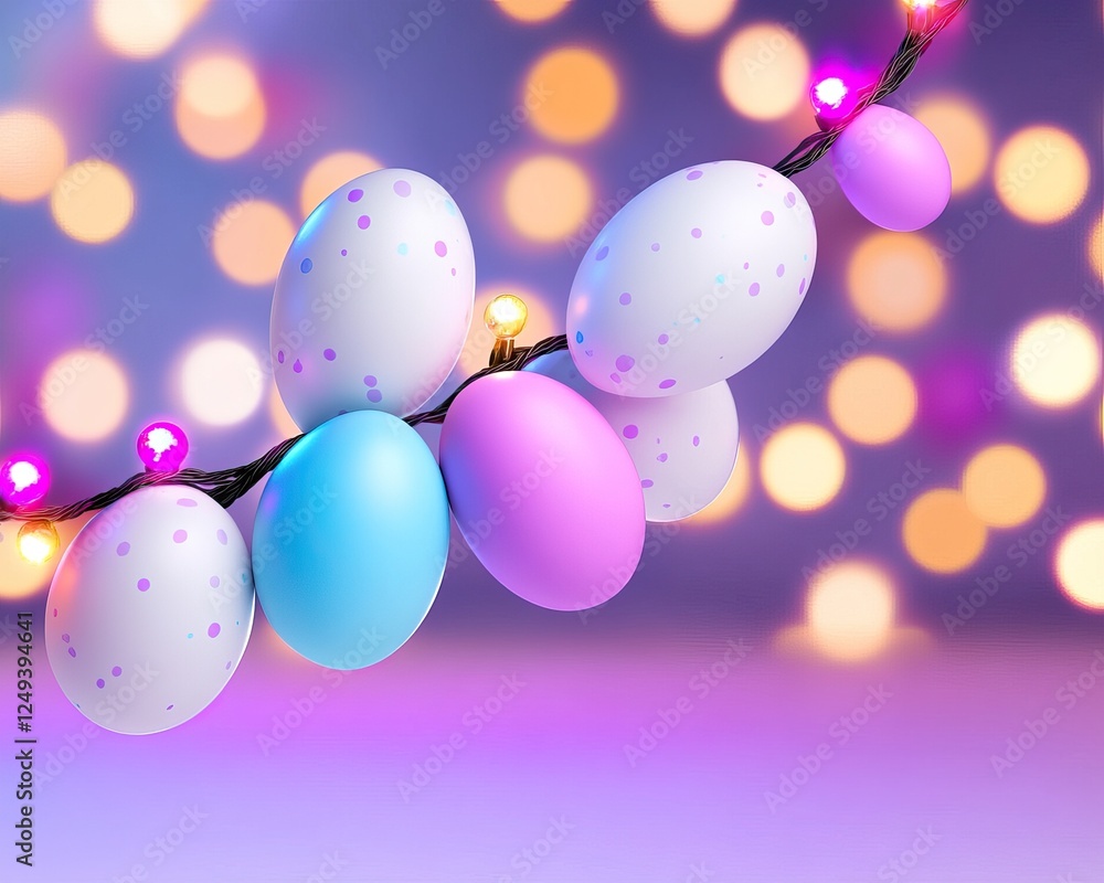 Poster colorful easter eggs hang on a string of lights, creating a festive atmosphere with a blurred backgr