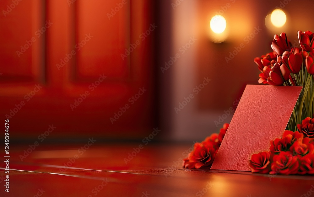 Poster a vibrant red setting features a decorative card and flowers, creating a warm and inviting atmospher