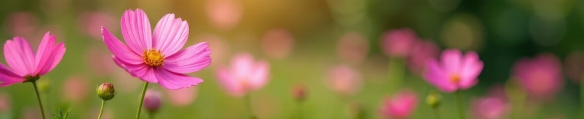 Delicate pink cosmos flowers swaying gently in the garden breeze, cosmos, garden, soft