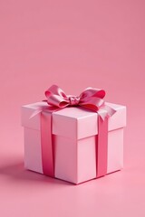 Obraz premium Delicate pink gift box with shiny ribbon tied in a bow, Colorful, Soft, Decorative