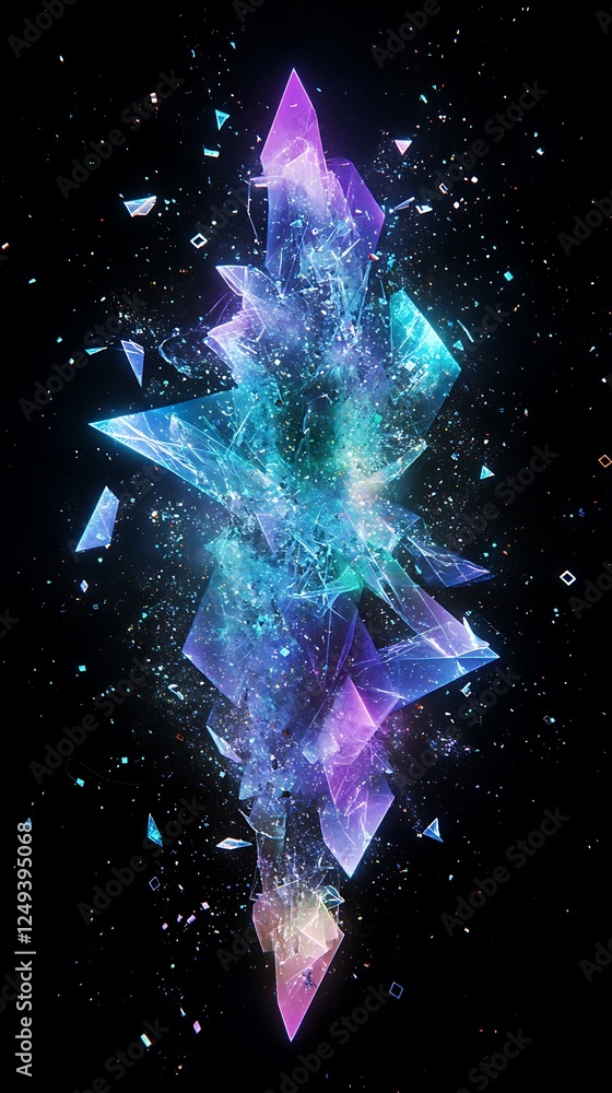 Poster futuristic shattered crystal explosion with glowing neon shards in a dark abstract space. generative