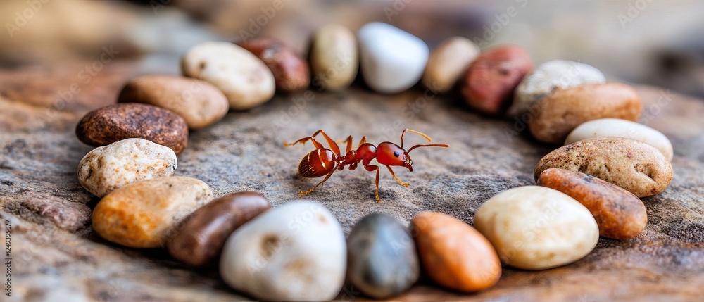 Poster a close-up of a red ant positioned in the center of a circular arrangement of various pebbles on a t