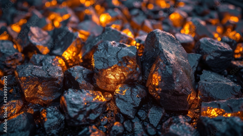 Poster glowing orange embers shine through dark coal rocks, creating a striking contrast in a mystical land