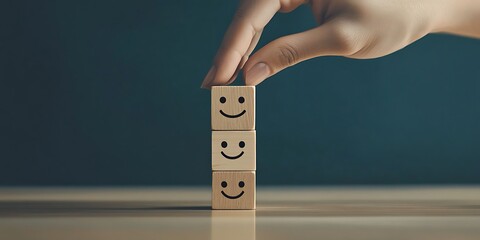 A series of wooden blocks happy emoji  hand choosing  with different facial expressions, with a hand choosing the happy one