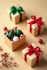 Obraz premium Gift boxes filled with Christmas treats and balls on a beige background, presents, , gift box