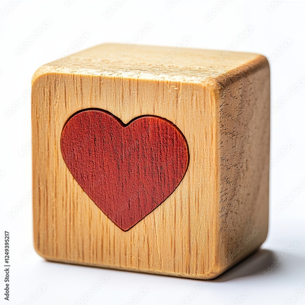 Poster a wooden block with a red heart symbol, representing love and affection in a simplistic and charming