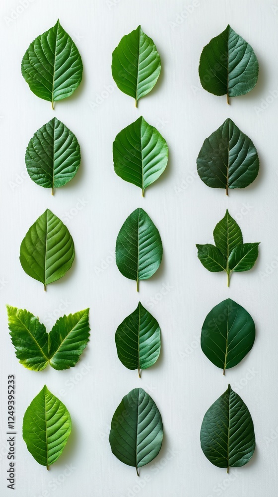 Poster different types of green leaves arranged in a grid pattern on a light background